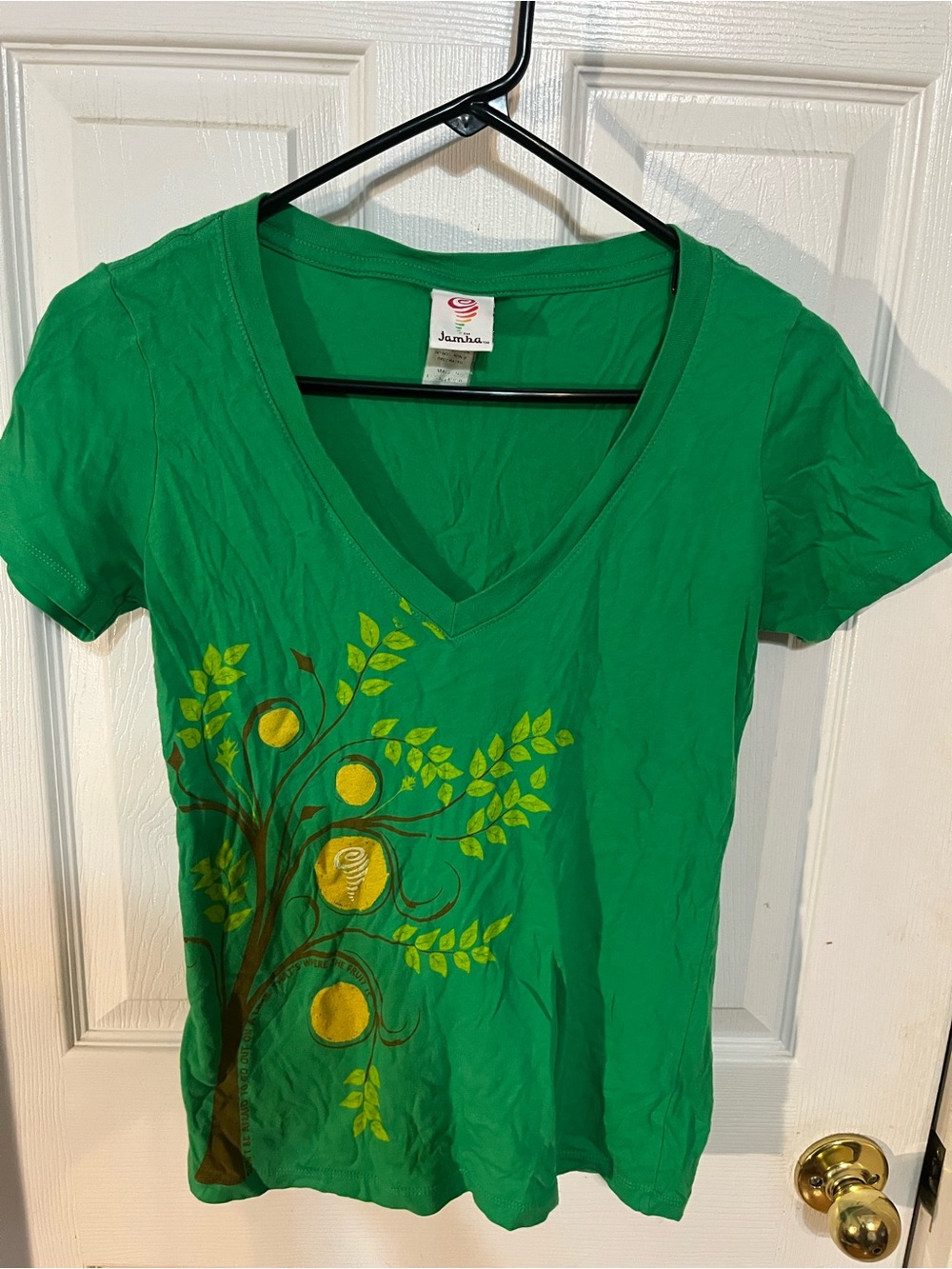 Jambu Green V-Neck Tee with Yellow Tree Graphic